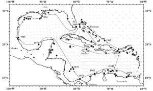 Possible routes of the spread of Tubastraea coccinea in the Caribbean, Gulf of Mexico, and Florida. Year of the earliest report in different areas is shown, along with possible routes of spread, based on dates and current paths. Small arrows present the generalized current paths in the Caribbean, Gulf of Mexico, and Florida. Current paths taken from the Ocean Currents web site (http://oceancurrents.rsmas.miami.edu/caribbean/caribbean- cs.html), Roberts 1997, and Gittings et al. 1992. From Fenner and Banks 2004.